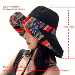 Vintage Boho Reversible Sun Hat Wide Brim UV Protection Summer Bucket Hat