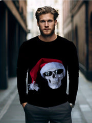 Skull Christmas Hat Print Men's Long Sleeve Graphic Tee