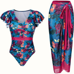 Women's Plus Floral Lace Tankini Set with Ruched Swimsuit & Cover Up