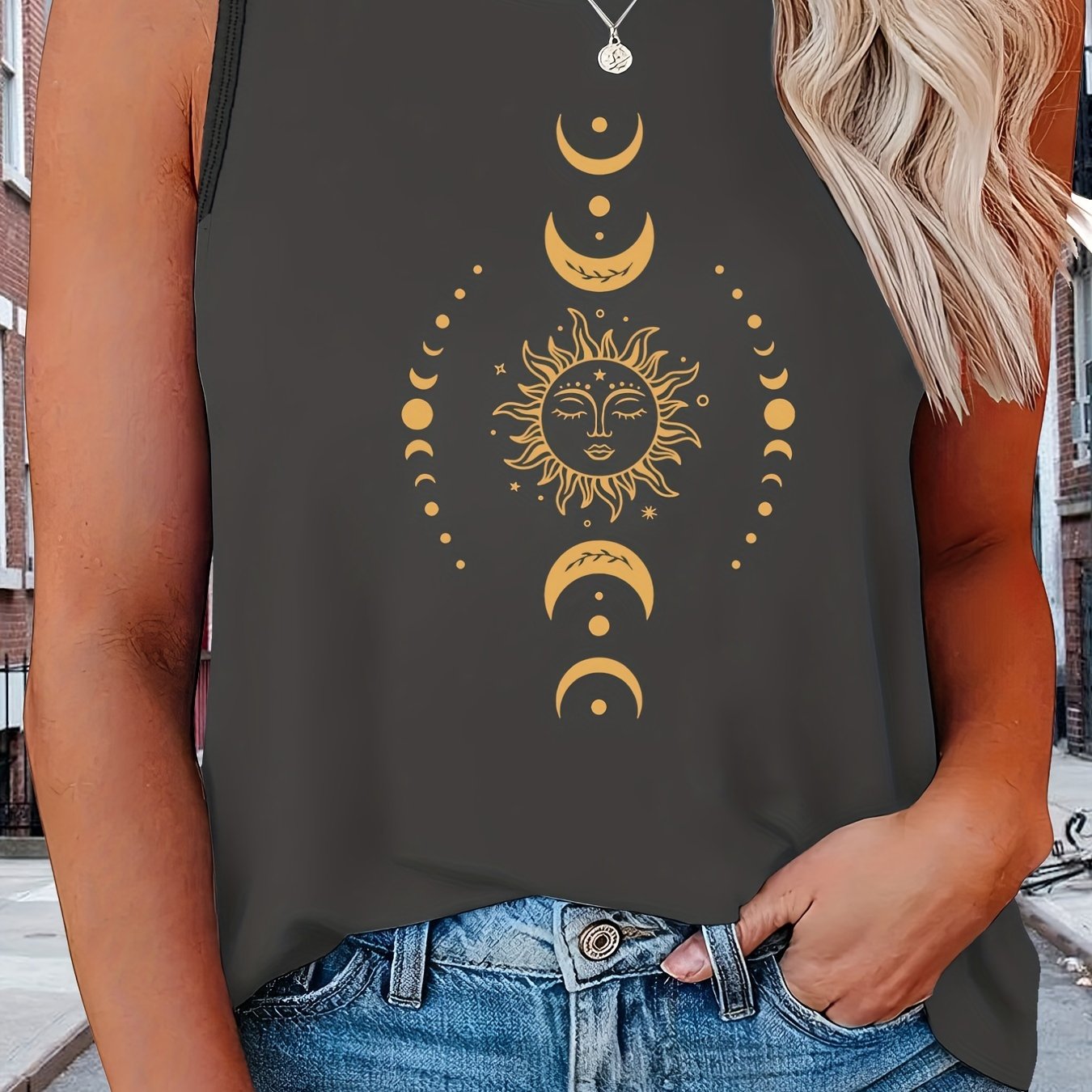 Women's Plus Moon & Sun Print Round Neck Tank Top