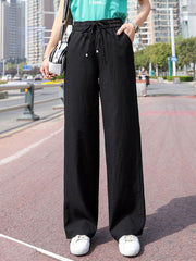 Solid Drawstring Wide Leg Pants Elastic Waist