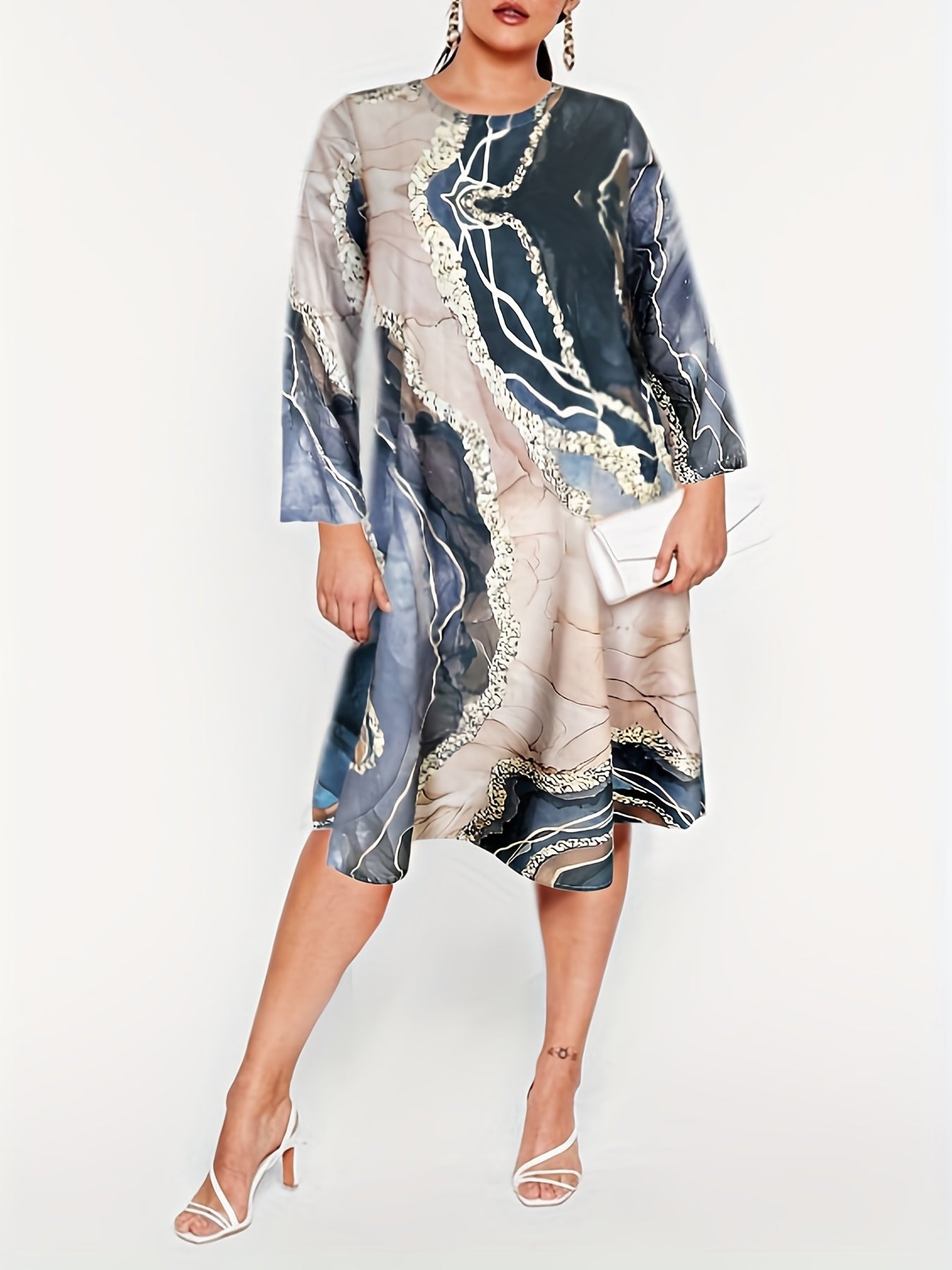 Plus Marble Print Long Sleeve Round Neck Midi Dress