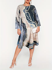 Plus Marble Print Long Sleeve Round Neck Midi Dress