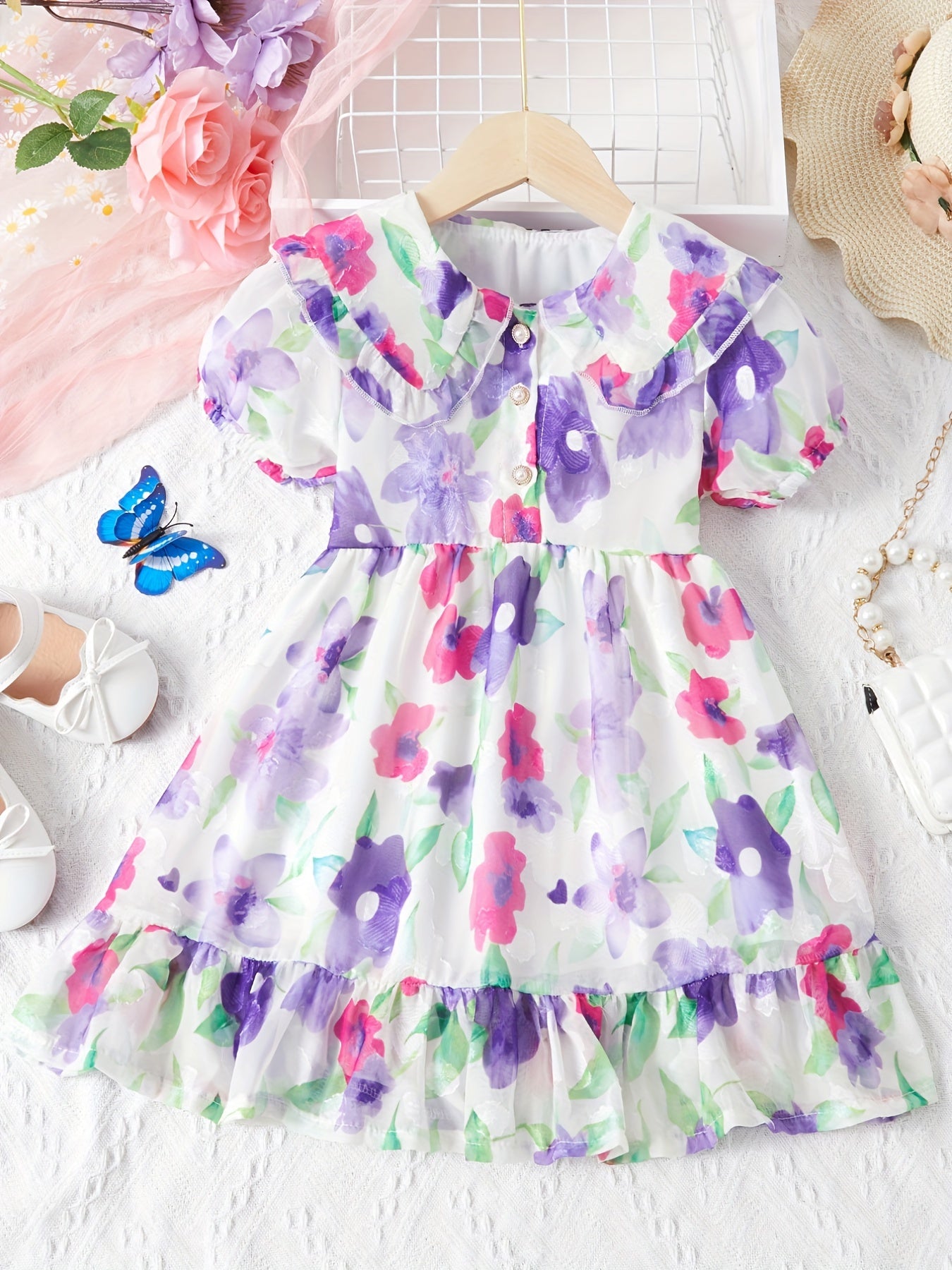 Girls Summer Princess Dress Short Sleeve Floral Dress For Children Clothing