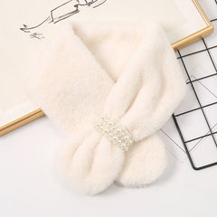 Winter Rabbit Fur Neck Scarf Faux Pearl Buckle Scarf