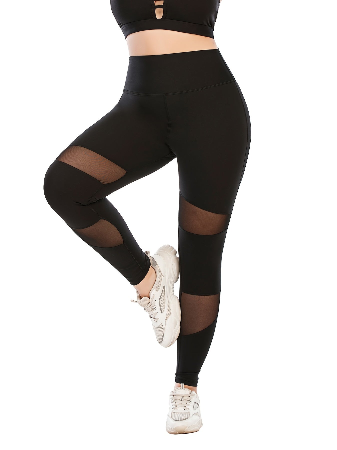Contrast Mesh Yoga Sports Leggings With Pocket Women's Plus Size