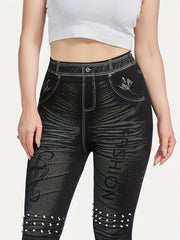 Denim Print Skinny Leggings Casual Stretchy Leggings