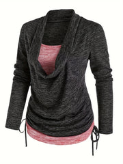 Colorblock Knit Top Cowl Neck Ruched Side 2 in 1 Top