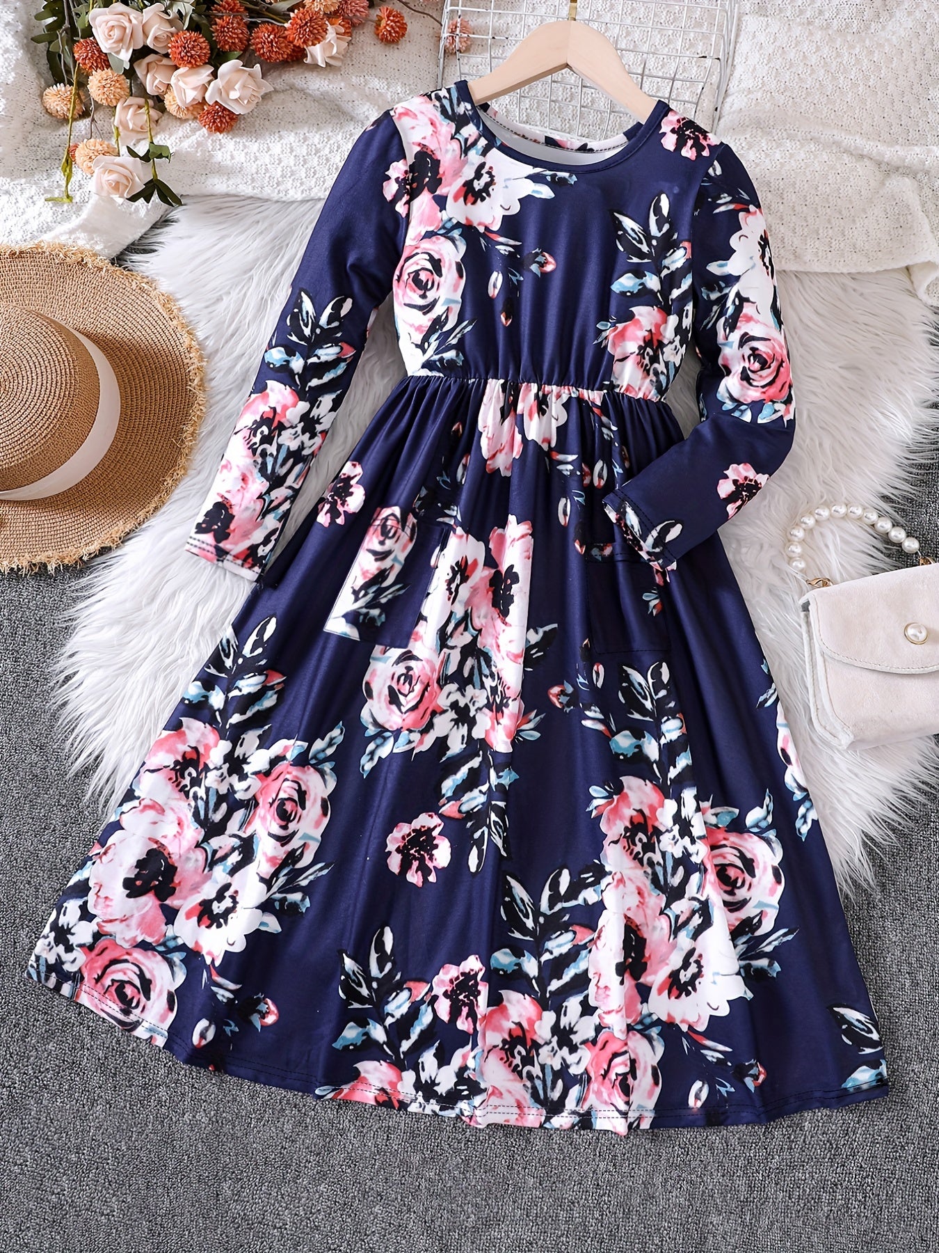 Girls' Retro Floral Print Long Sleeve Dress With Belt