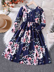 Girls' Retro Floral Print Long Sleeve Dress With Belt