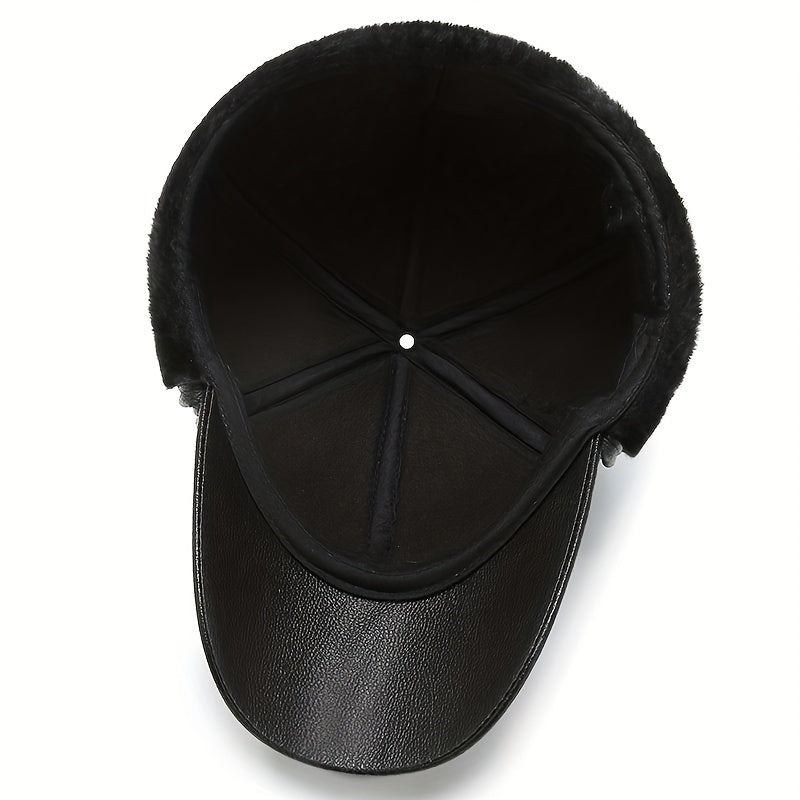 Men's Winter Velvet PU Leather Baseball Cap Outdoor Warm Hat