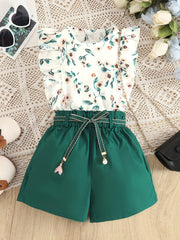 3pcs Girls Casual Lace Flying Sleeve Flower Top & Loose Shorts Summer Kids