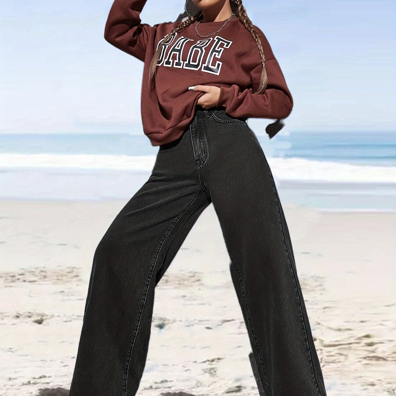 High Waist Straight Jeans Slash Pockets Loose Fit