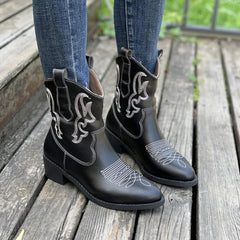 Embroidered Chunky Heeled Ankle Boots Slip On Western Boots