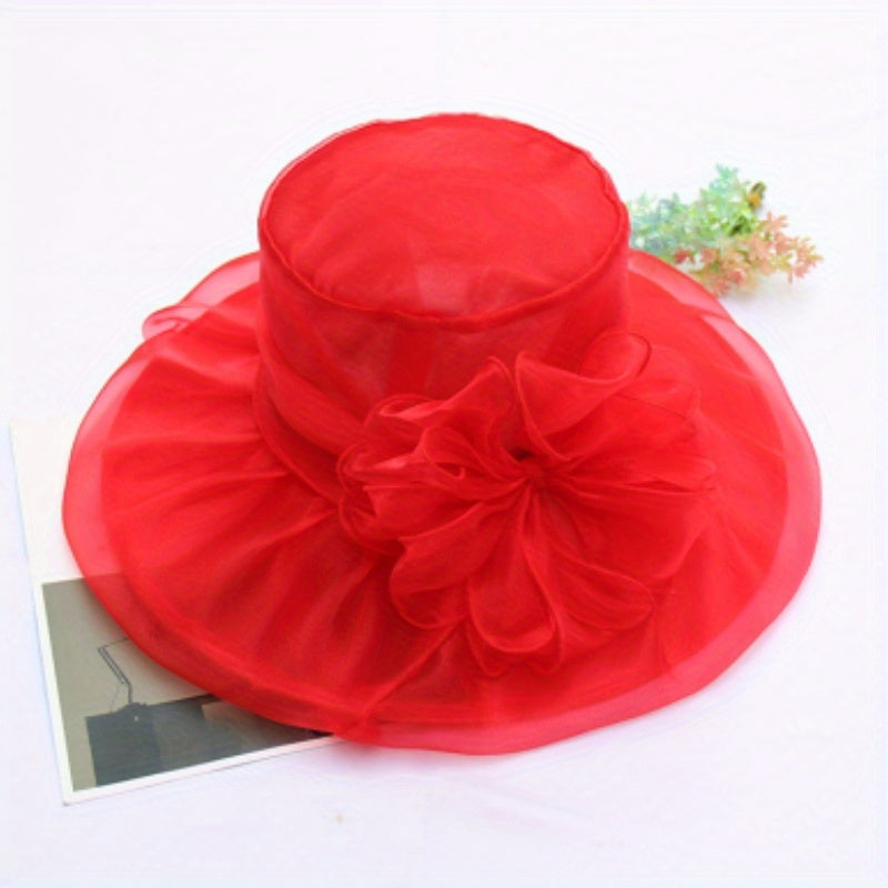 Organza Sun Hat Wide Brim Lace Derby Hat With Detachable Flower