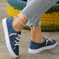 Women's Denim Canvas Flat Sneakers Lace Up Casual Shoes
