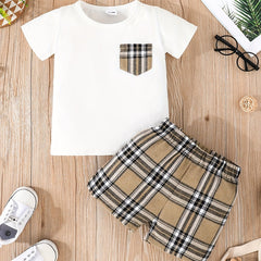2pcs Toddler Baby Boy Plaid T shirt Shorts Set