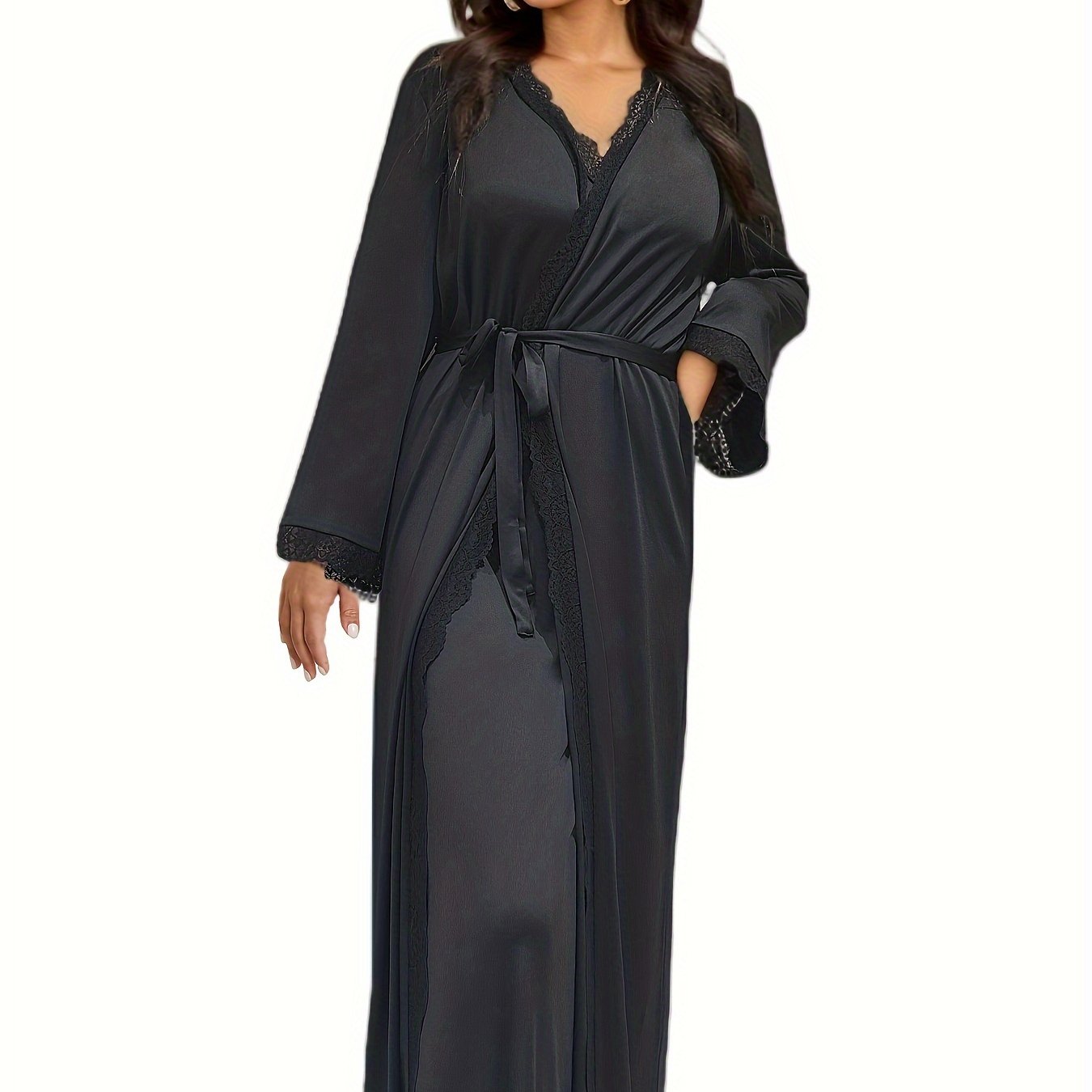 Lace Trim Pajama Set & Robe with Belt