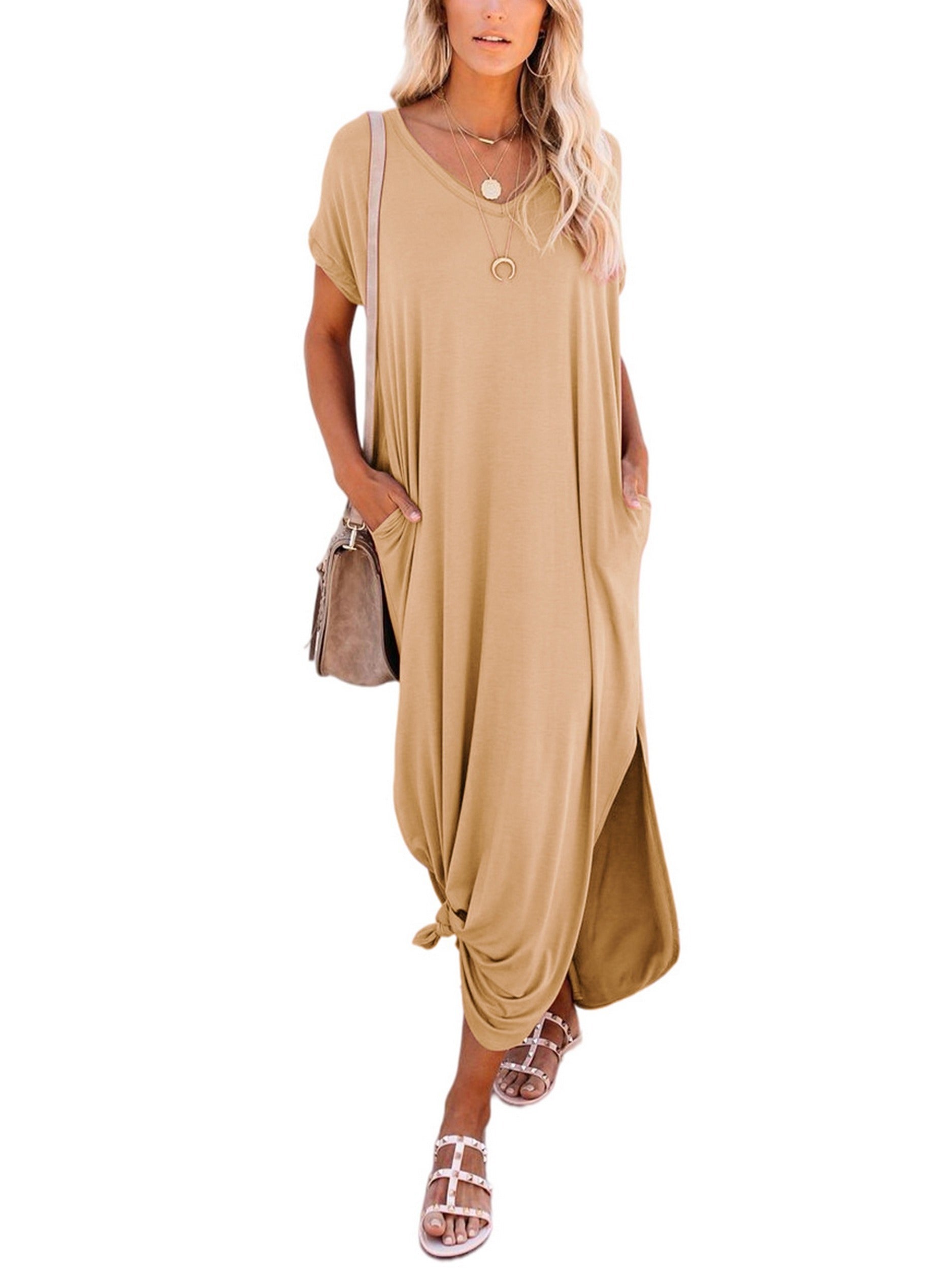 Solid Pocket Short Sleeve Crew Neck Dress Women's Clothing