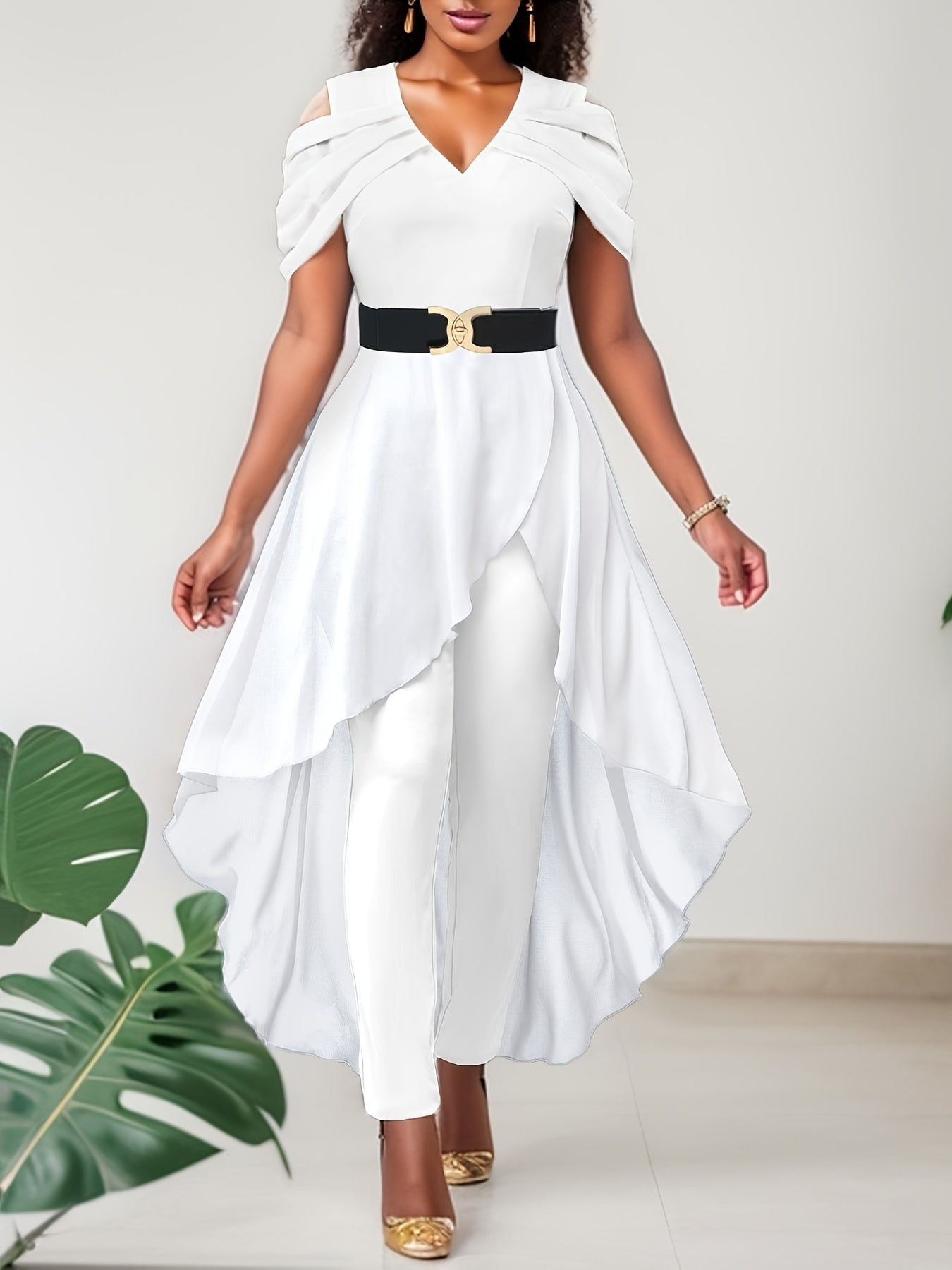 Chic Cold Shoulder Jumpsuit with Overskirts