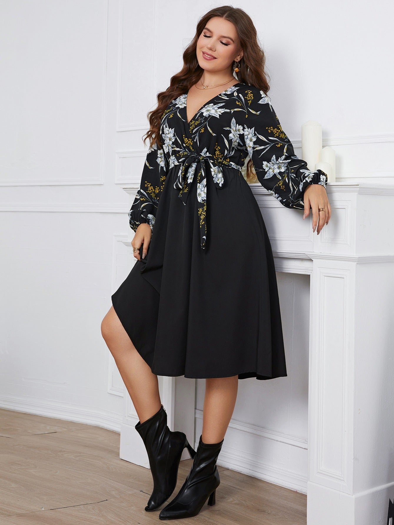 Floral Print Wrap Flared Midi Dress With Belt