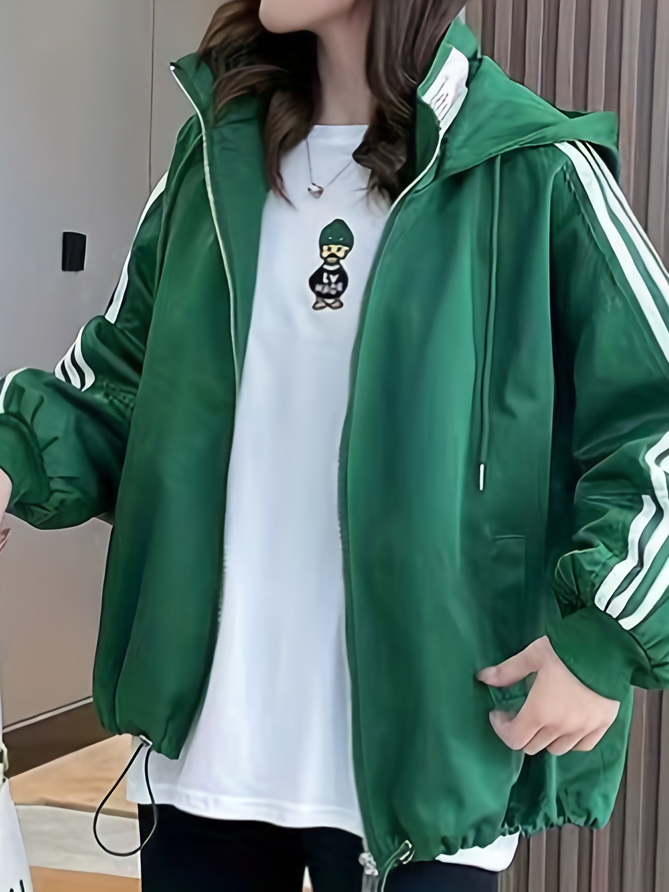 Striped Print Zip Up Jacket Casual Drawstring Hooded Jacket