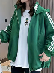 Striped Print Zip Up Jacket Casual Drawstring Hooded Jacket