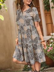 Leopard Print V Neck Dress Casual Short Sleeve Loose Dress