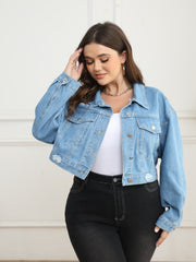 Casual Denim Jacket Women's Plus Ripped Button Up Long Sleeve Crop Den