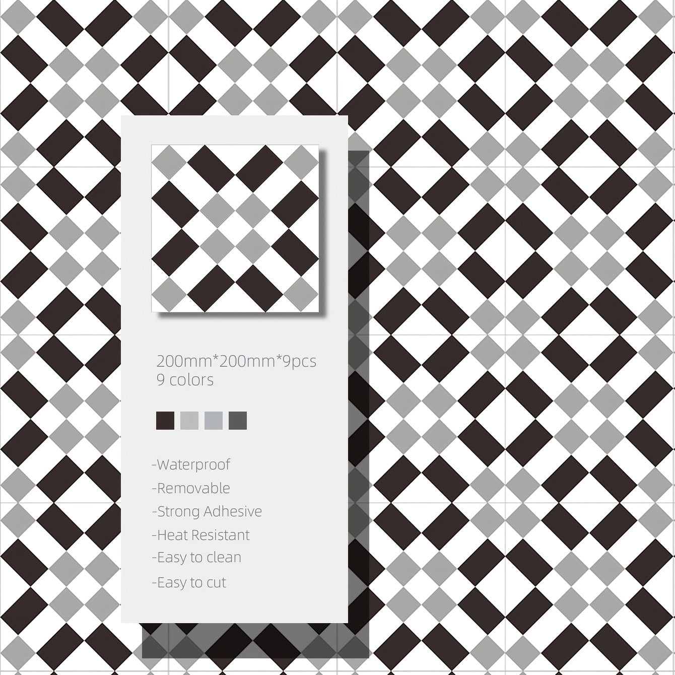 9pcs Gray Geometric Floor Tile Sticker Waterproof Vinyl Matte Floor Sticker