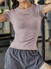 Solid Crew Neck Short Sleeve Yoga Top Quick Drying Fitness T-shirt Women