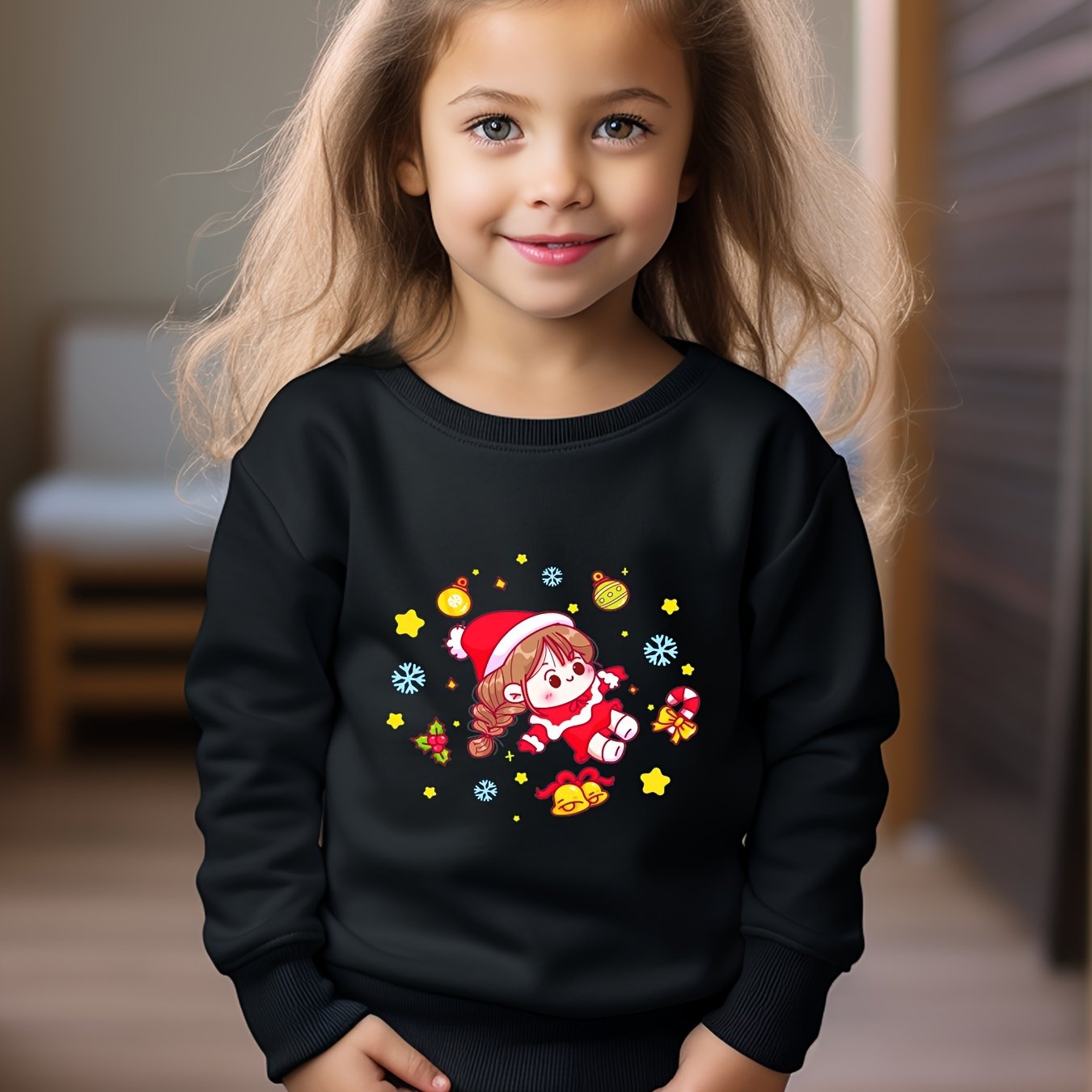 Christmas Santa Girl Print Pullover Sweatshirt for Kids