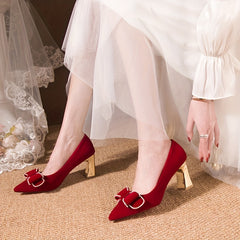 Bowknot Decor Wedding Shoes Pointed Toe Chunky Heels Dress Shoes