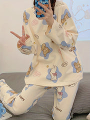 Bear Print Pajama Set Long Sleeve Crew Neck Top & Pants