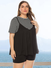 Colorblock Strip Print T-shirt & Shorts Set Plus Size Women's 2pcs Set