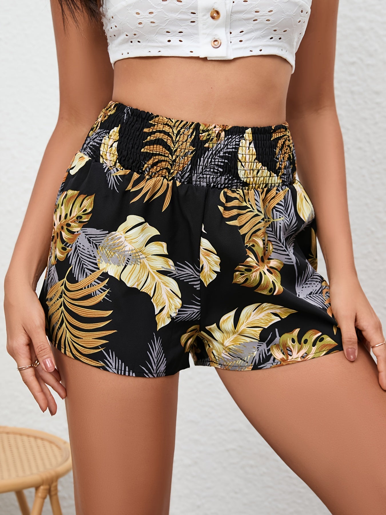 Tropical Print Shirred Waist Shorts for Women