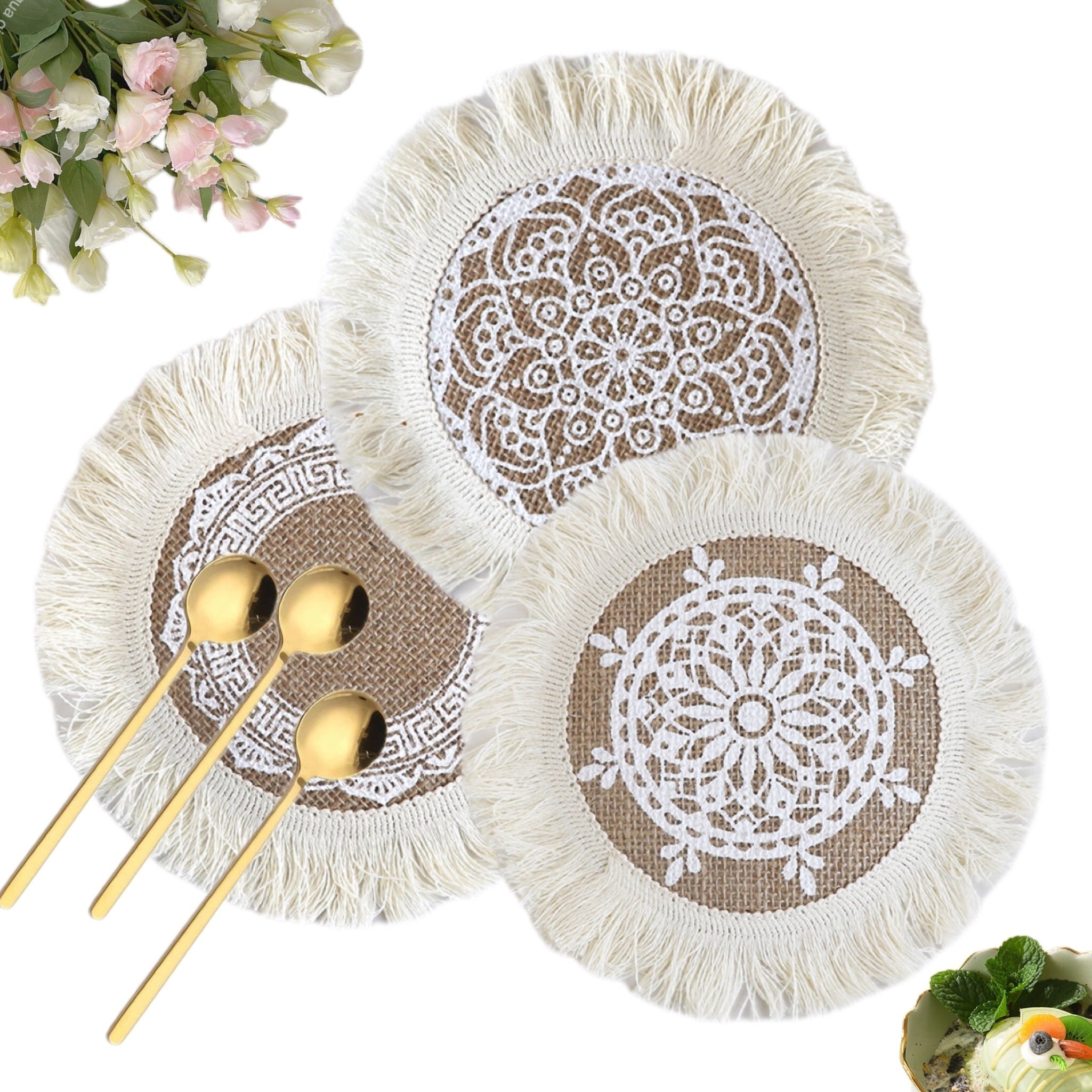 3pcs Bohemian Woven Tassel Coasters Christmas Theme Home Decor Placemats