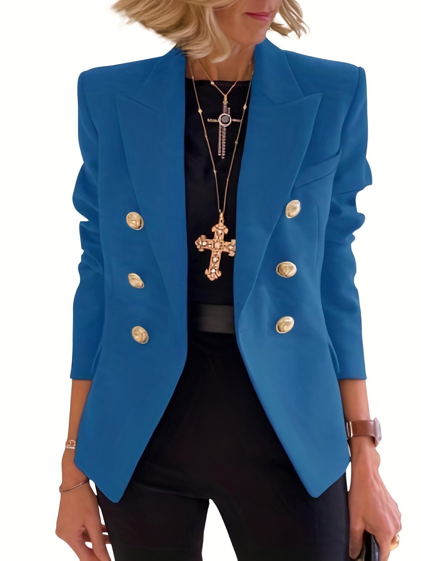 Double Breasted Lapel Blazer Solid Open Front Long Sleeve