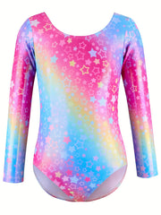 Girls Star Graphic Long Sleeve Gymnastics Leotard