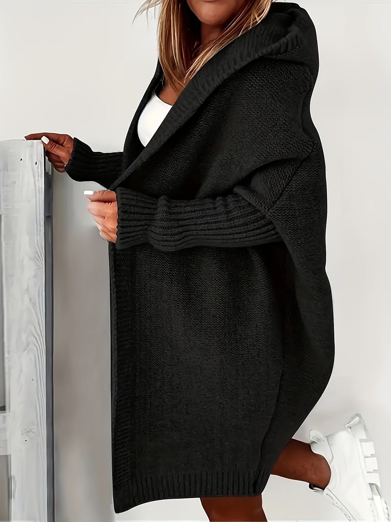 Solid Long Sleeve Hooded Sweater Cardigan