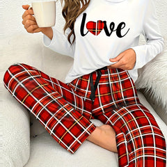 Letter Print Pajama Set Long Sleeve Top & Plaid Pants