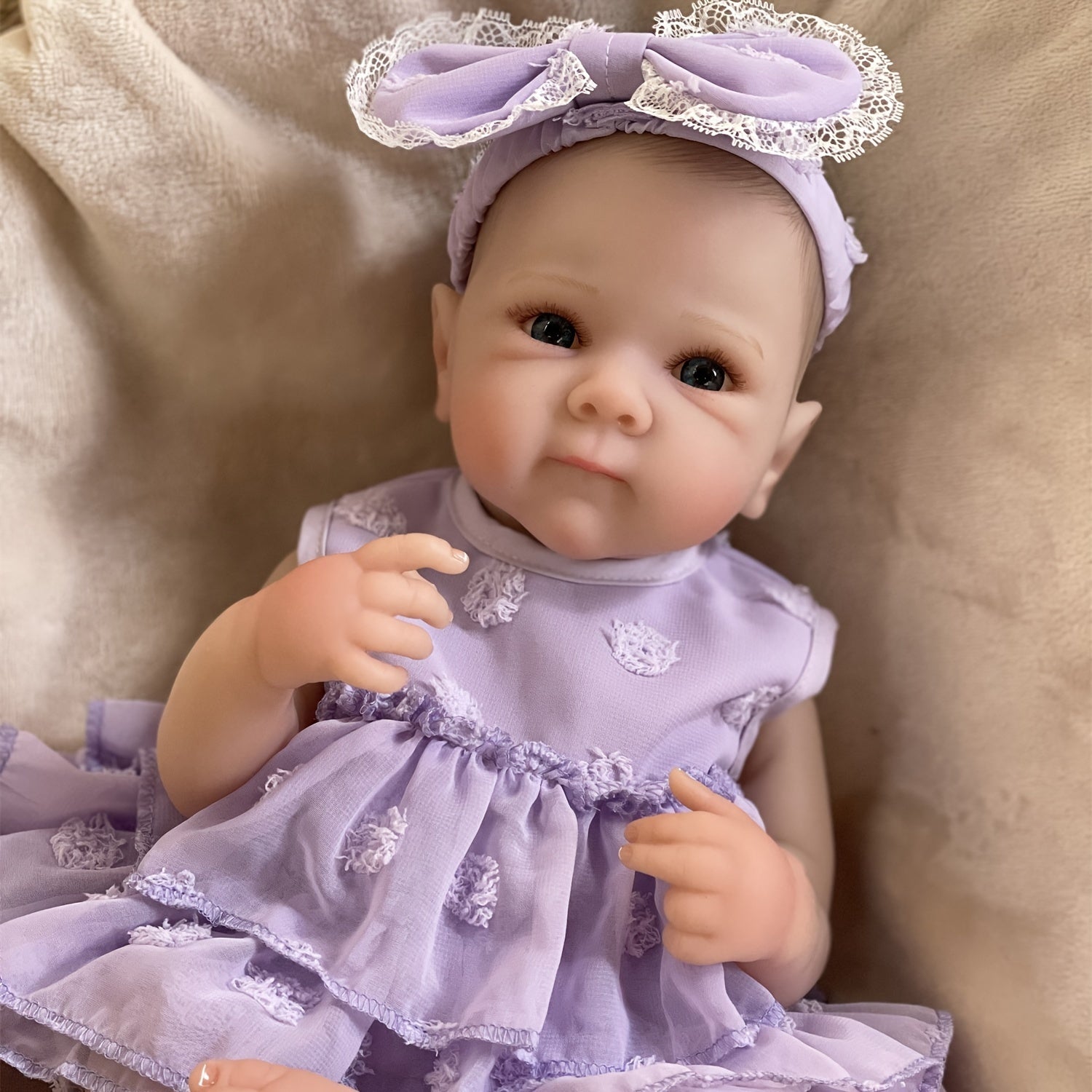 Open Eyes Bettie Full Body Vinyl Girl Doll with Painted Hair in Purple Dress