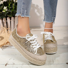 Women's Glitter Sequins Platform Sneakers Lace Up Espadrille Shoes