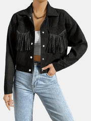 Rhinestone Fringe Trim Tassel Jacket Long Sleeve Button Front