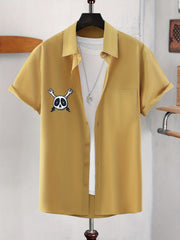 Skull Hot Dog & Letter Graphic Print Men's Casual Lapel Shirt