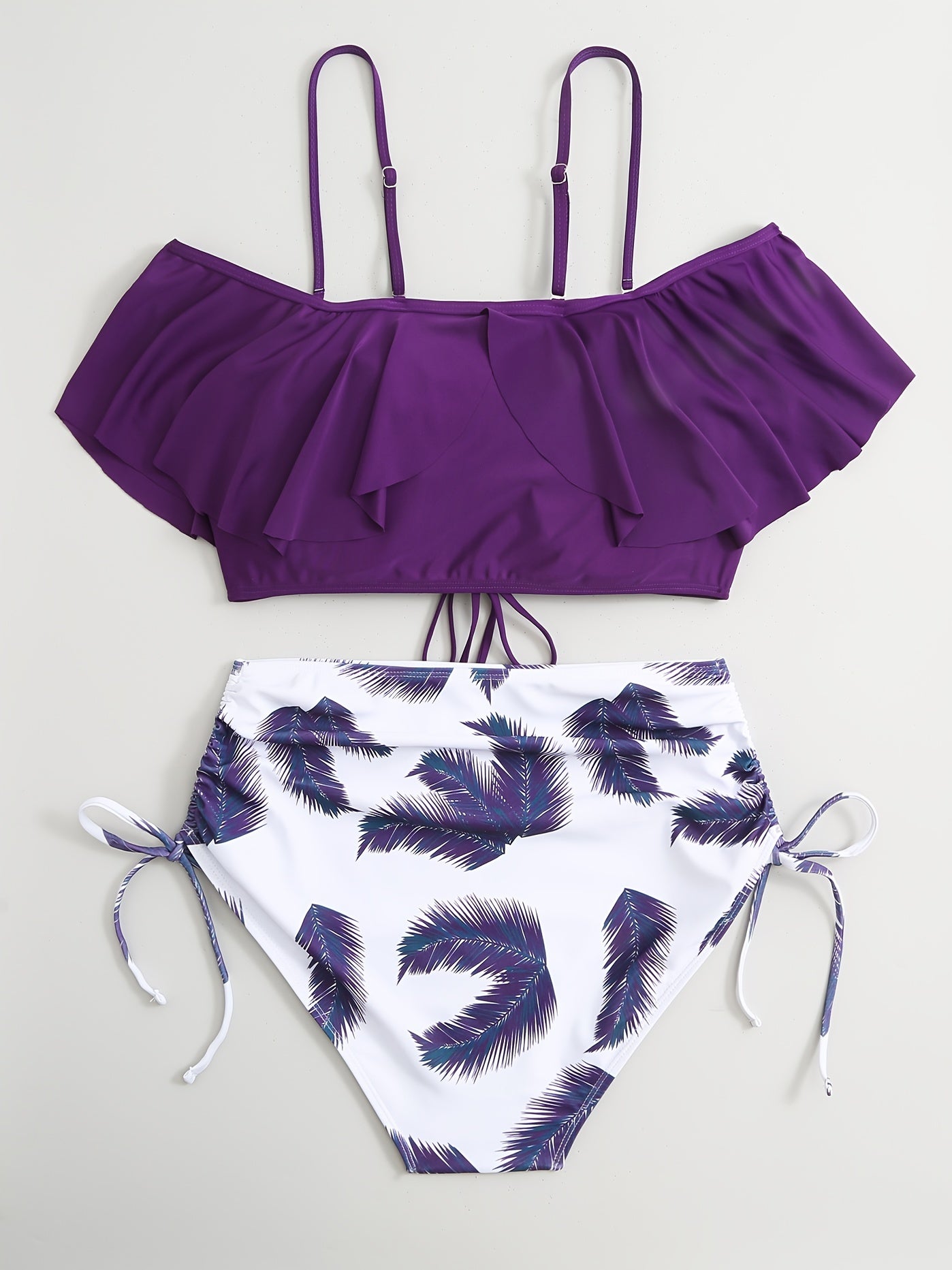 Feather Print Drawstring Layered Top Swimsuit Set
