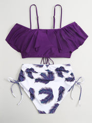 Feather Print Drawstring Layered Top Swimsuit Set