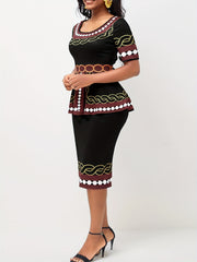 Geometric Print Round Neck Midi Dress