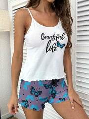 Butterfly Print Pajama Set Crew Neck Cami Top & Bow Shorts