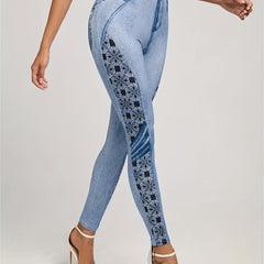 Faux Denim Print Hip Lifting Yoga Pants High Stretch Leggings